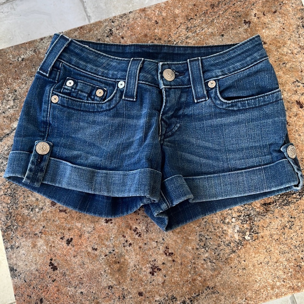 True Religion Jean Shorts Jess Rolled Cuffed World Tour | Blue | Size 25